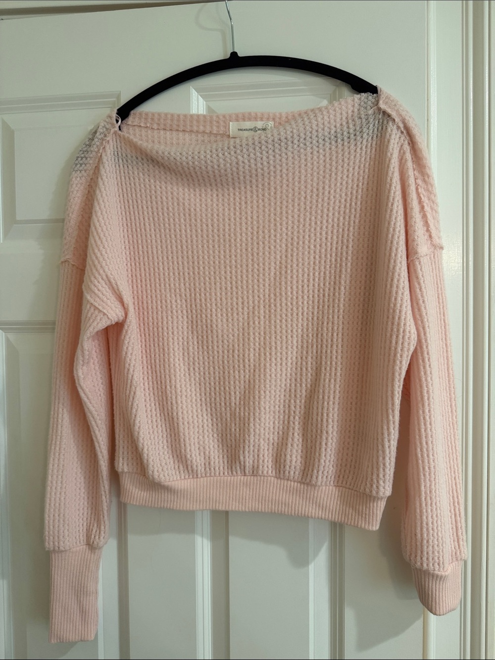 Treasure & Bond Blush Off-The-Shoulder Waffle Knit Sweater